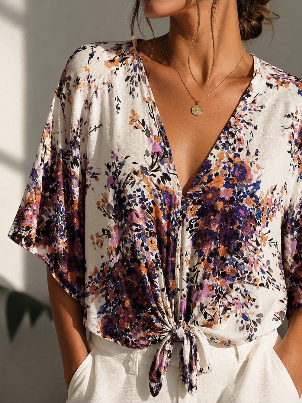 Lovestitch Floral Tie Front Kimono Blouse Ivory Purple Orange Small
